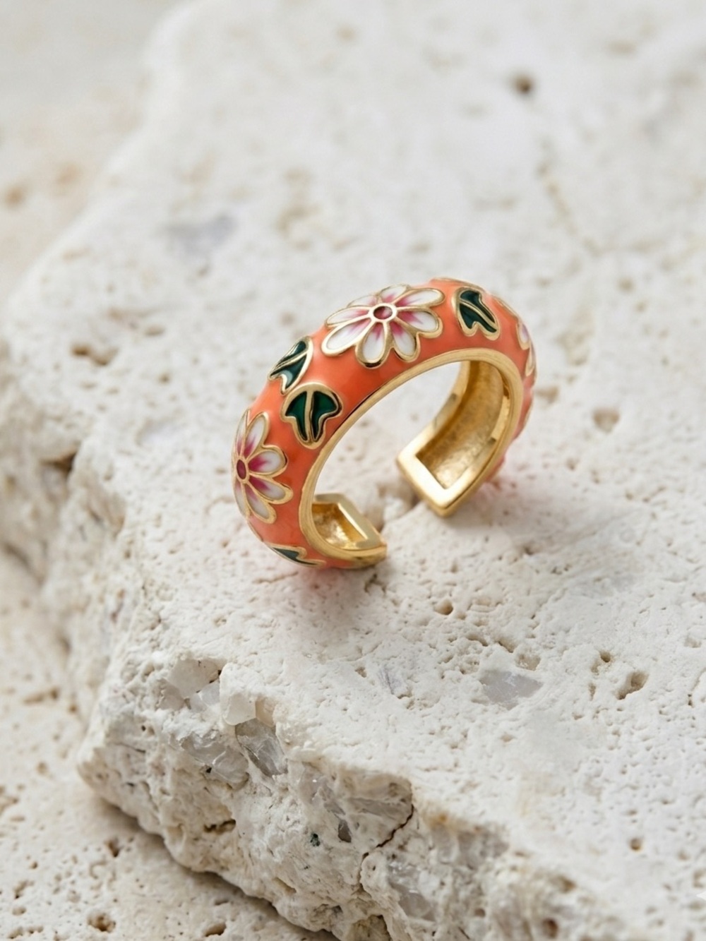14K Gold Plated Orange Daisy Flower Enamel Ear Cuff | Boho Chic | No Piercing